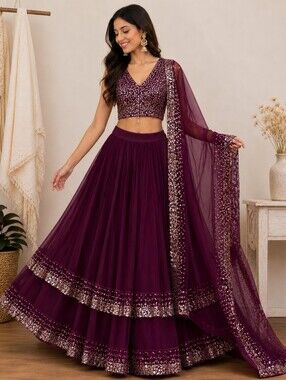 Purple/Wine Gorgette With Sequined Work Lehenga Choli